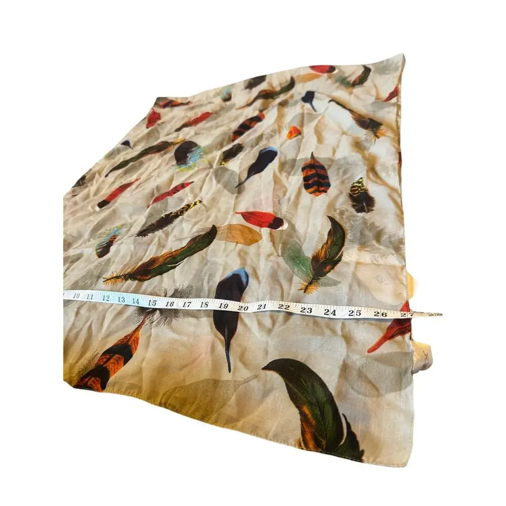 2 Chic Feather Print Scarf Beige Multicolor Lightweight Sheer Square Scarf